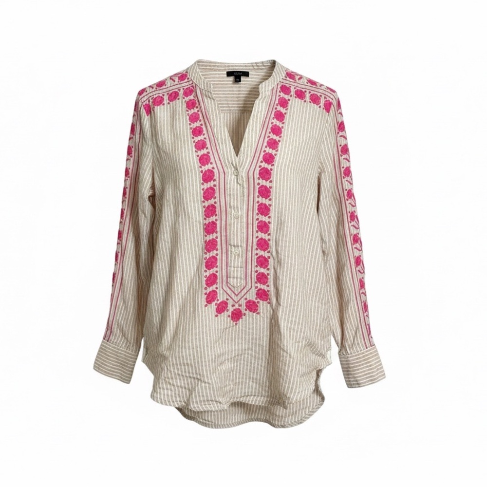 J.Crew Linen Striped Embroidered V-Neck Boho Tunic Top AM650 XS
